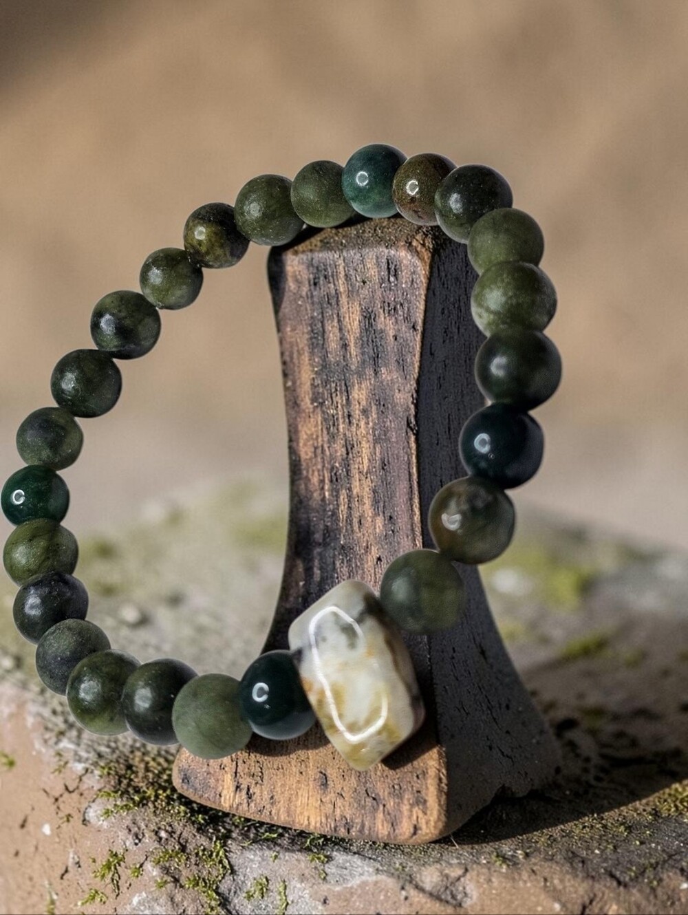 Green Moss Agate Beaded Stretch Bracelet - Natural Green Stone